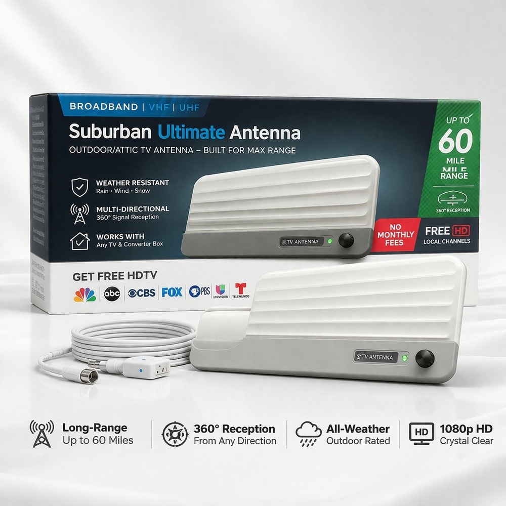 Suburban Ultimate Antenna 60 Mile Range 4K 1080p HD Outdoor Attic White Fabric‎